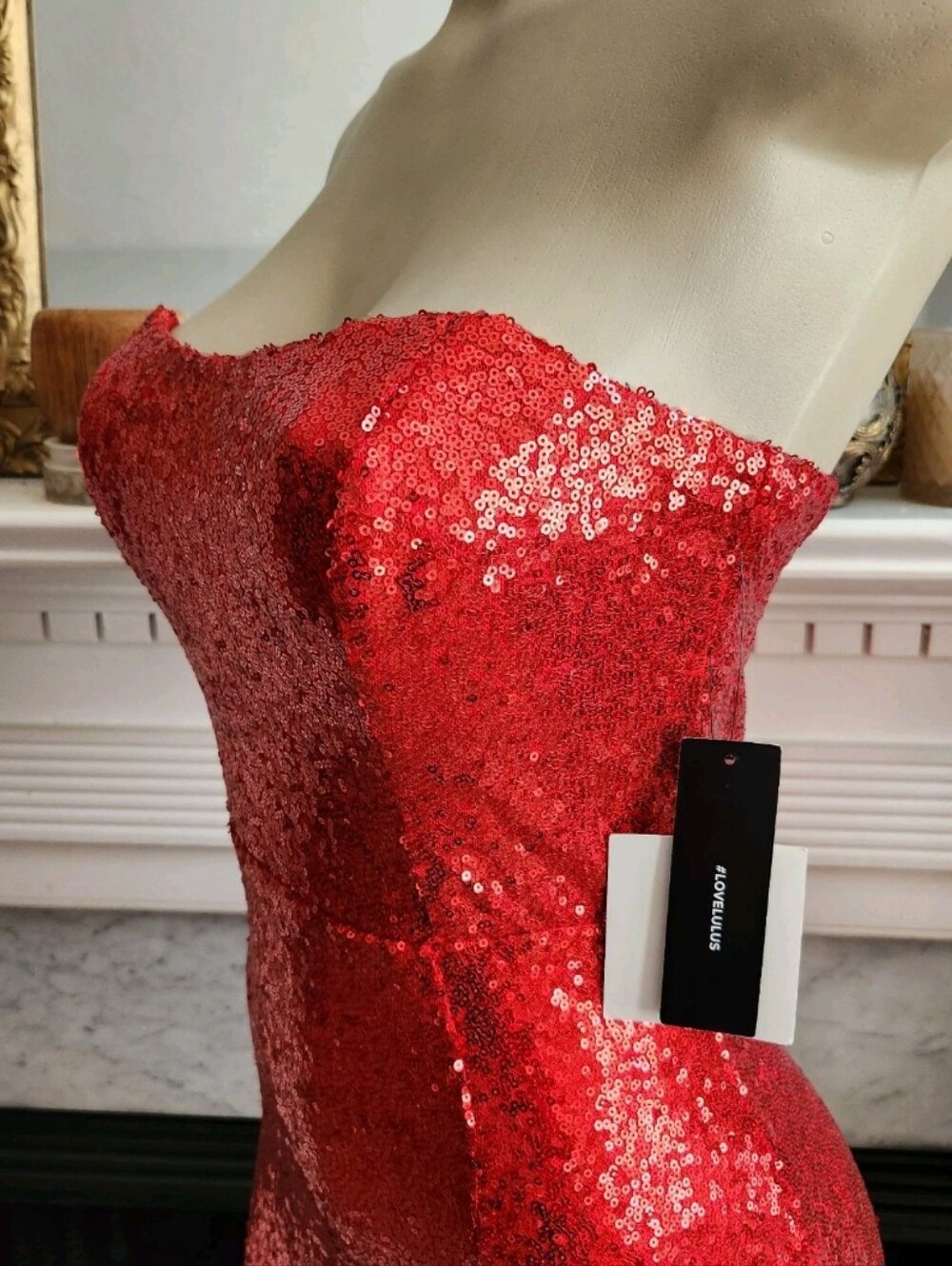 Lulus Red Sequin Mermaid Maxi Prom Dress Size M Strapless Stretch Glamoratti - Picture 8 of 9